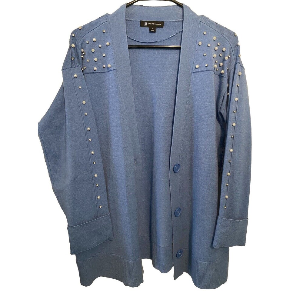 inc international concepts sweater Sz-s blue pearls jewels down sleeves shoulder